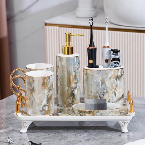 ins浴室用品卫浴五件套组洗漱杯套装轻奢现代欧式陶瓷漱口杯子套