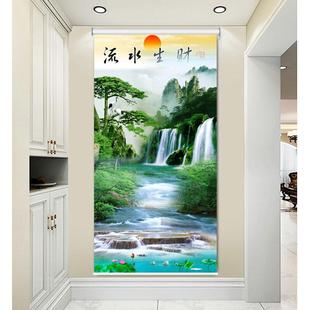 升降卷窗帘 高端定制迎客松山水玄关门隔断帘遮光防水免打孔手拉式