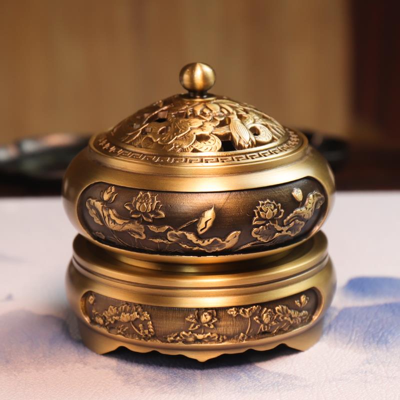 彷古做旧浮雕纯黄铜香薰炉环香沉环香炉中式摆件茶室家用打篆香插