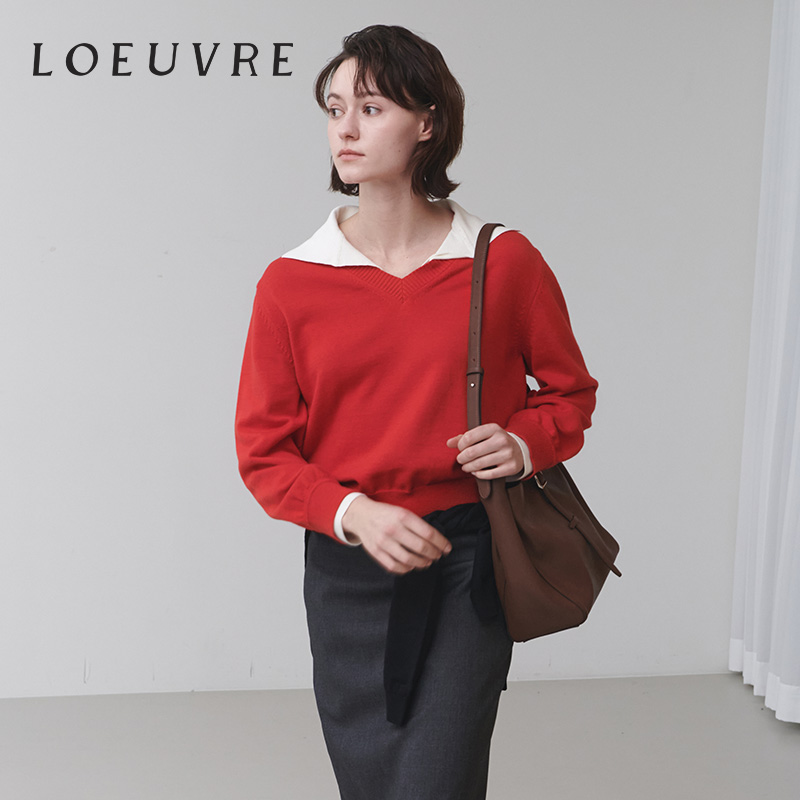 loeuvre撞色翻领针织上衣女长袖