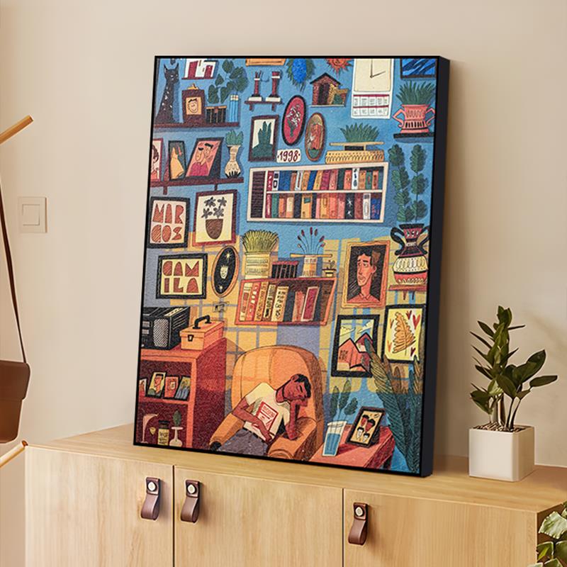 现代简约多巴胺小众艺术客厅砂岩装饰画玄关新款北欧挂画书架6080