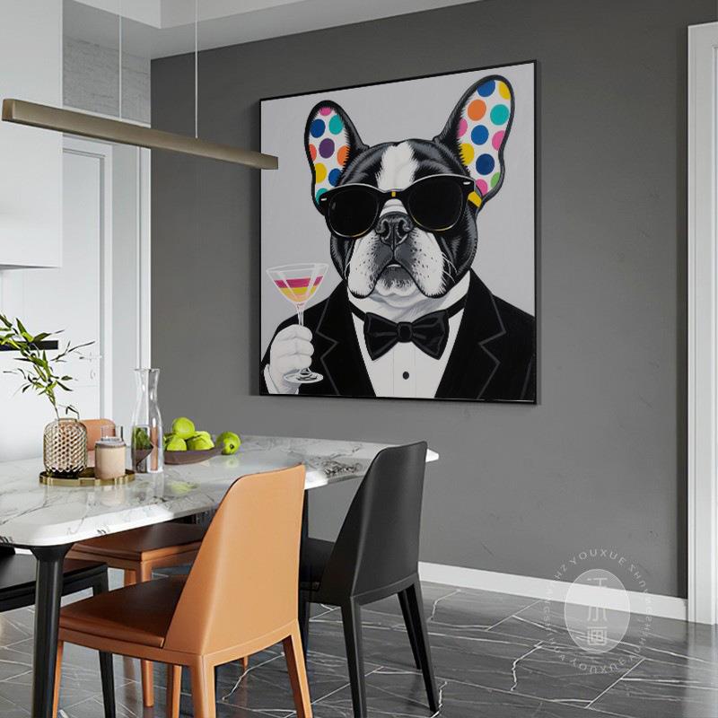 现代简约餐厅装饰画饭厅餐桌墙上挂画单幅卧室玄关墙面壁画酒杯狗