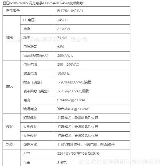 EUCHIPS欧切斯0-10V EUP75A-1H24V-1 75W 24V 恒压灯具调光电源