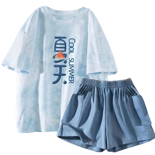 韩版扎染带胸垫纯棉睡衣女款夏短袖高级感ins风双口袋家居服套装