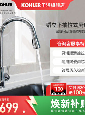 科勒旗舰店厨房水龙头水槽洗菜盆冷热水龙头下抽拉式21366/99480T