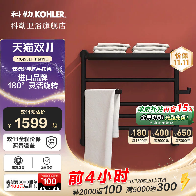 科勒智能电热毛巾架浴室架子卫生间加热烘干浴巾架置物架29354T
