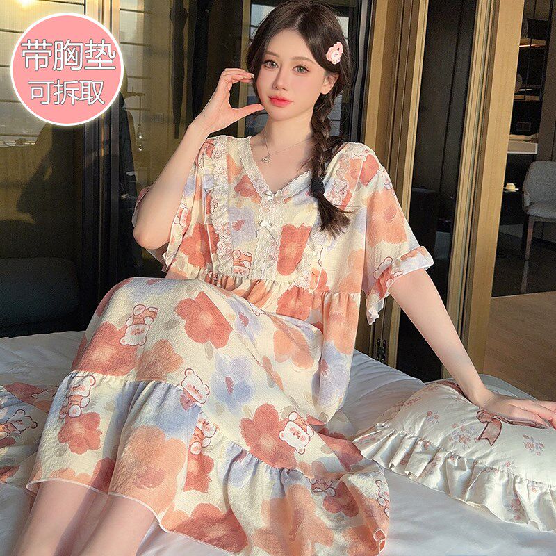 速发特大码00斤睡裙夏季甜美公主风胖孩长款孕妇睡衣家居服