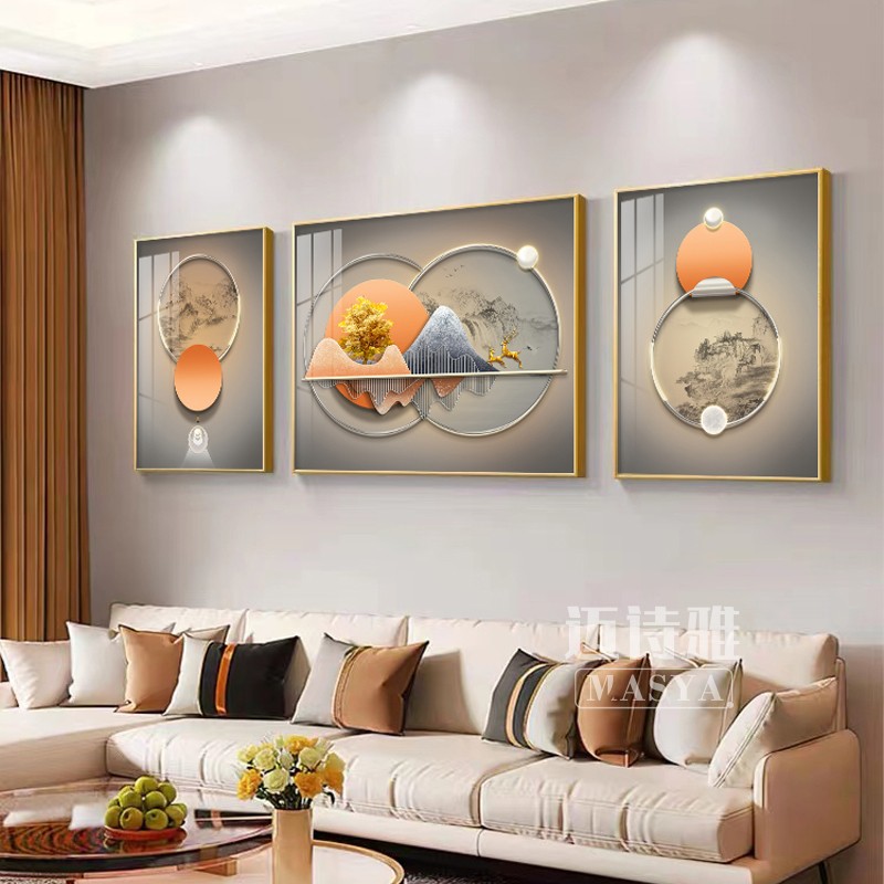 速发202新款客三装沙画高级感寓意好厅联画山水画大气饰发背景墙