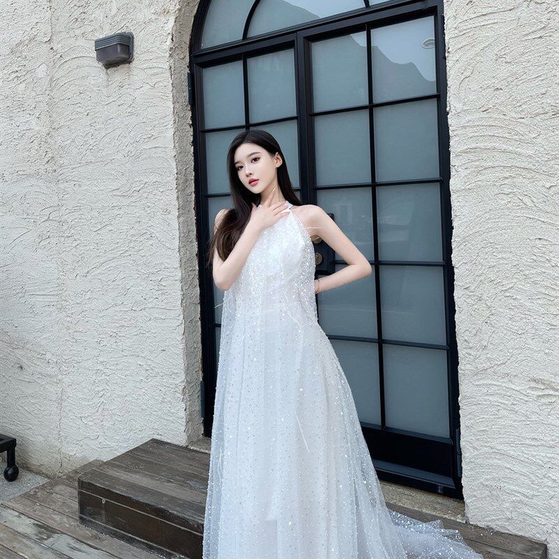 现货速发新中式结婚晨袍挂脖订婚连衣裙新娘露背轻纱礼服裙高端轻