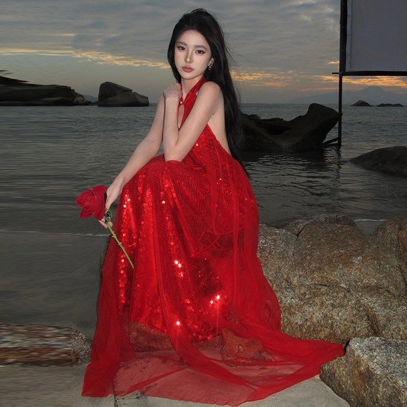 现货速发新中式挂脖红色亮片晨袍新娘敬酒服高级感小众轻婚纱礼服