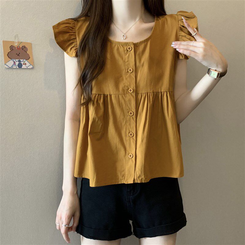 速发遮大法式娃娃衫上衣夏码肚减龄设计感小飞袖荷叶边