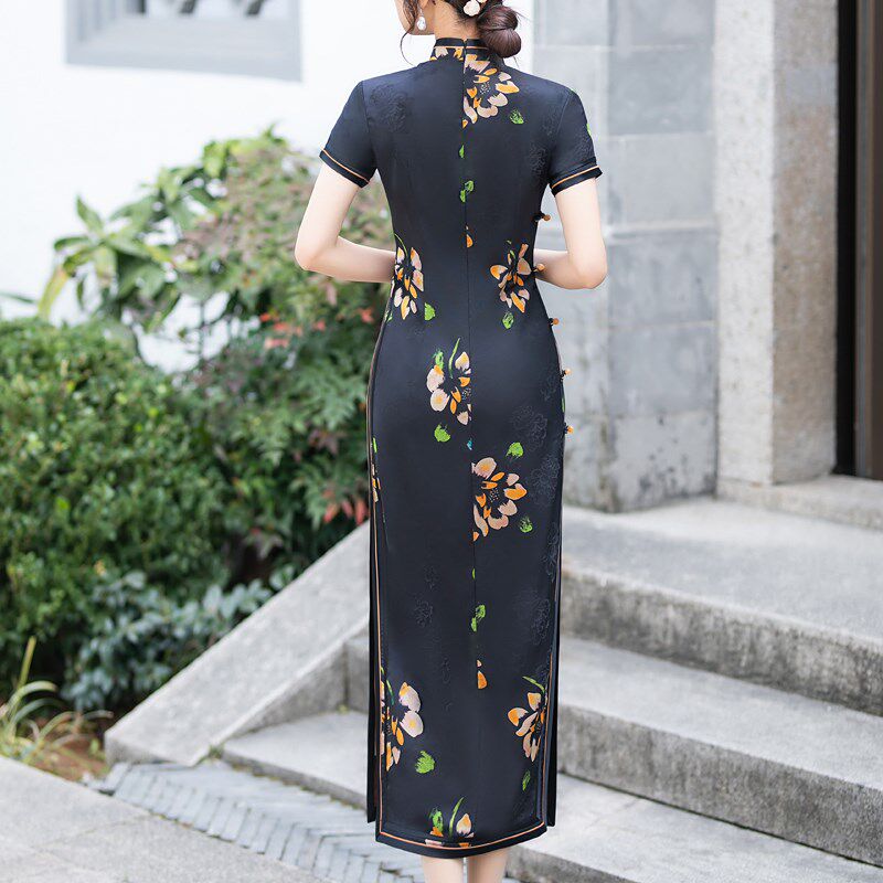 现货速发黑色旗袍长款中年妈妈5旗袍