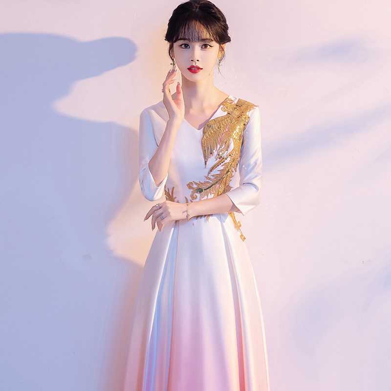 现货速发大合唱礼服长裙主持人指挥服红歌比赛合唱团演出服缎面晚