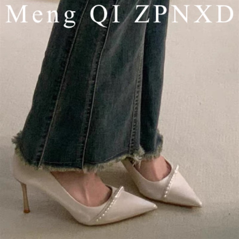 现货速发法式婚纱新娘鞋秀禾婚鞋订婚礼服绸缎珍珠细跟高跟鞋高级