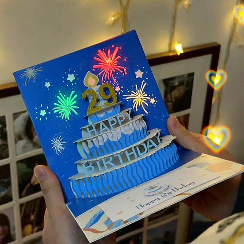 速发创意生日贺卡礼花贺卡立体蛋糕音乐可折叠有声彩色灯光卡片