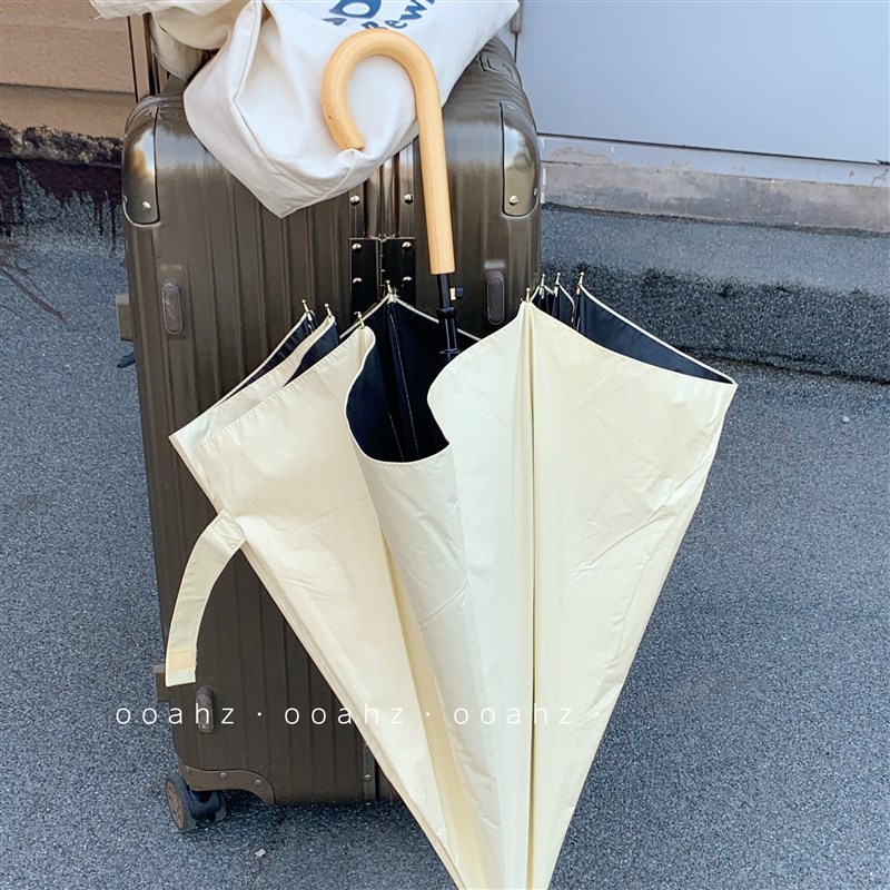 速发:是你要的奶黄色黑胶长伞ooahz复古纯色遮防晒晴雨伞实木