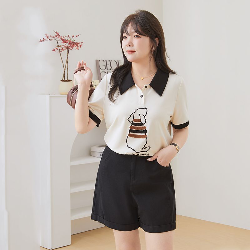 胖mm大码女装夏季新款薄款显瘦撞色正肩POLO领小狗T恤短袖上衣女