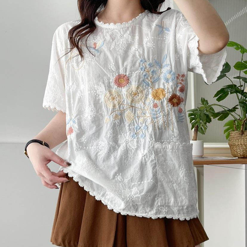 梦箱子2025夏新款花朵刺绣棉布衬衣蕾丝圆领套头短袖宽松减龄衬衫
