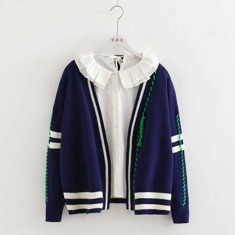 学院风翻领撞色针织套装College Style Lapel Colour Clash Knit Set