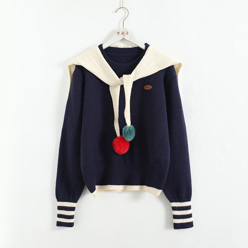 梦箱子2025冬新款甜美毛球撞色可脱卸海军领套头长袖宽松毛针织衫