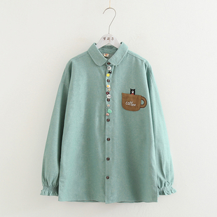 梦箱子2023春新款 卡通多纽扣小熊刺绣衬衣女日系小清新宽松棉衬衫