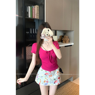 T恤女夏甜美减龄蕾丝边短款 短袖 显瘦上衣碎花半裙两件套