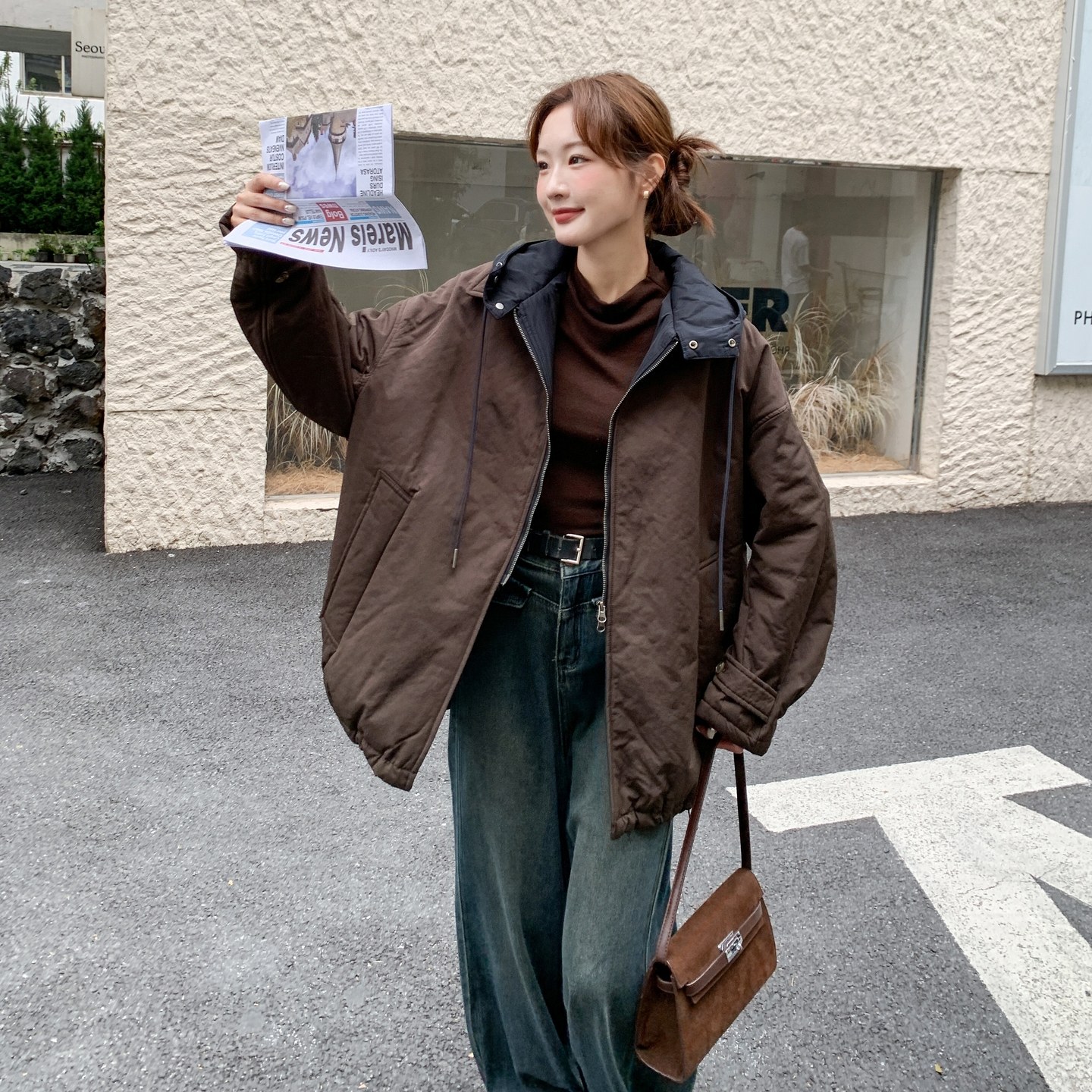 美式休闲韩版宽松百搭加厚休闲保暖连帽棉服女冬季假两件棉衣外套