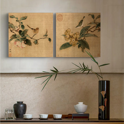 新中式花鸟装饰画复古禅意中古风复古挂画玄关客厅卧室过道小壁画