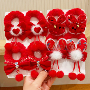 儿童新年发圈发饰女孩古风红色喜庆毛绒发绳女童扎丸子头过年头饰