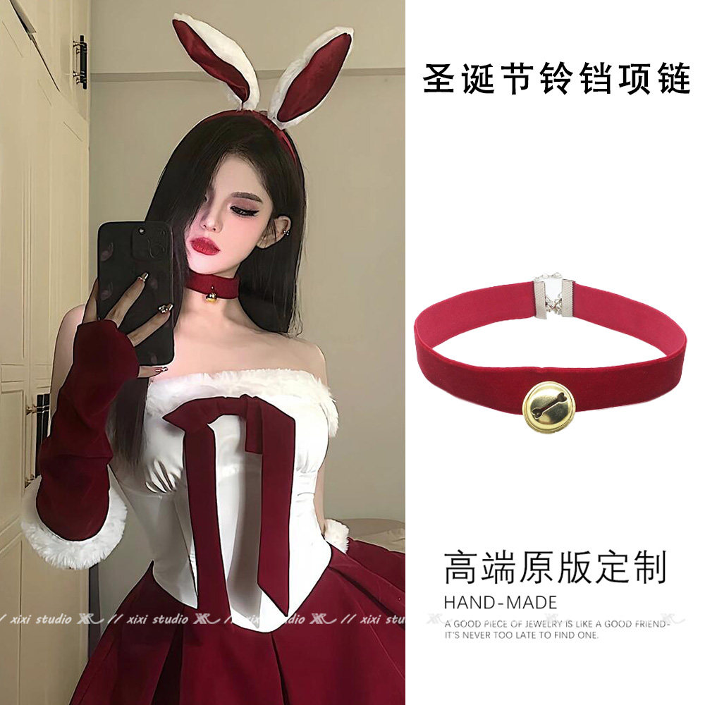 圣诞节摇铃变装项链红色丝绒铃铛锁骨链酒红色choker气质项圈颈链