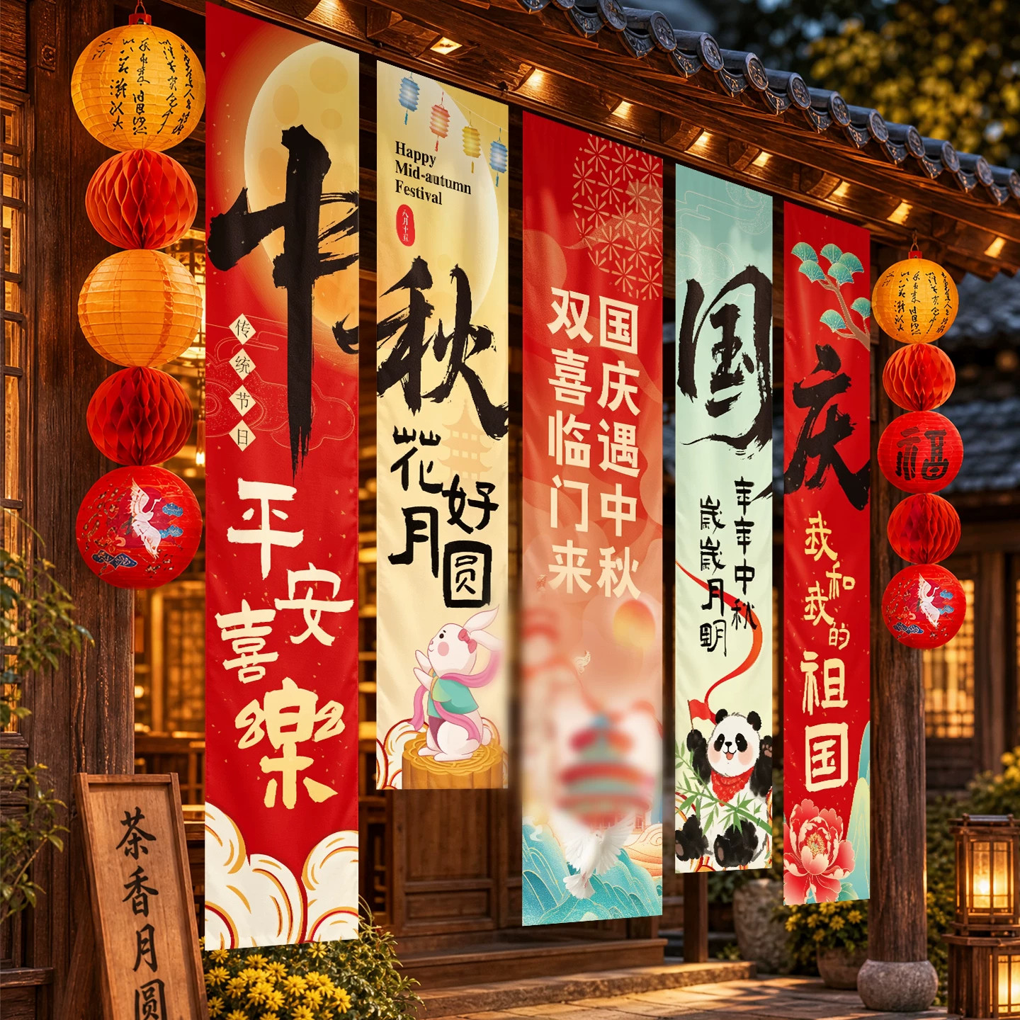 中秋国庆节氛围场景布置装饰活动主题门店铺拍照道具背景挂布条幅
