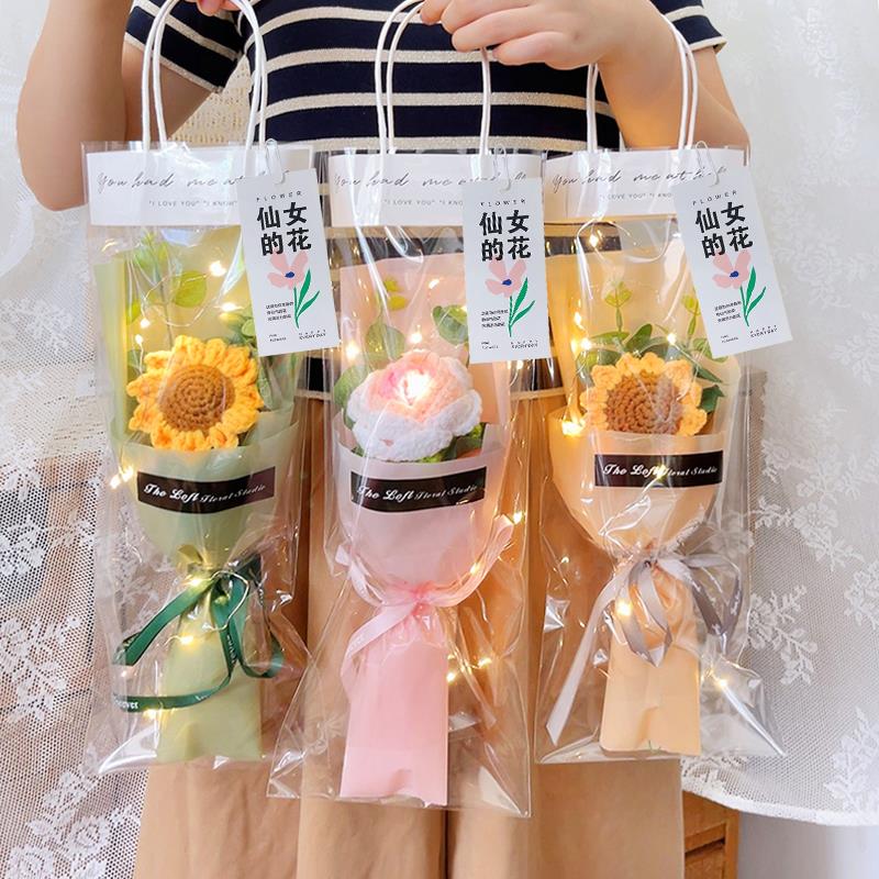 三八妇女节向日葵玫瑰针织毛线小花束成品仿真假花永生花送人礼物