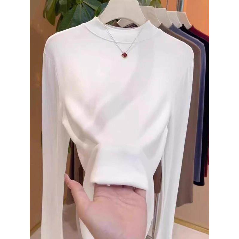 正肩白色半高领长袖T恤女2026年春季大码胖MM修身内搭打底衫上衣
