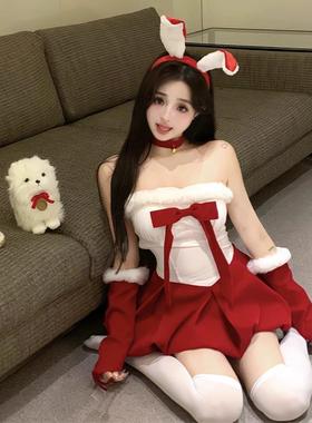 圣诞节服装氛围感穿搭丝绒抹胸红色连衣裙女秋冬套装party小礼裙