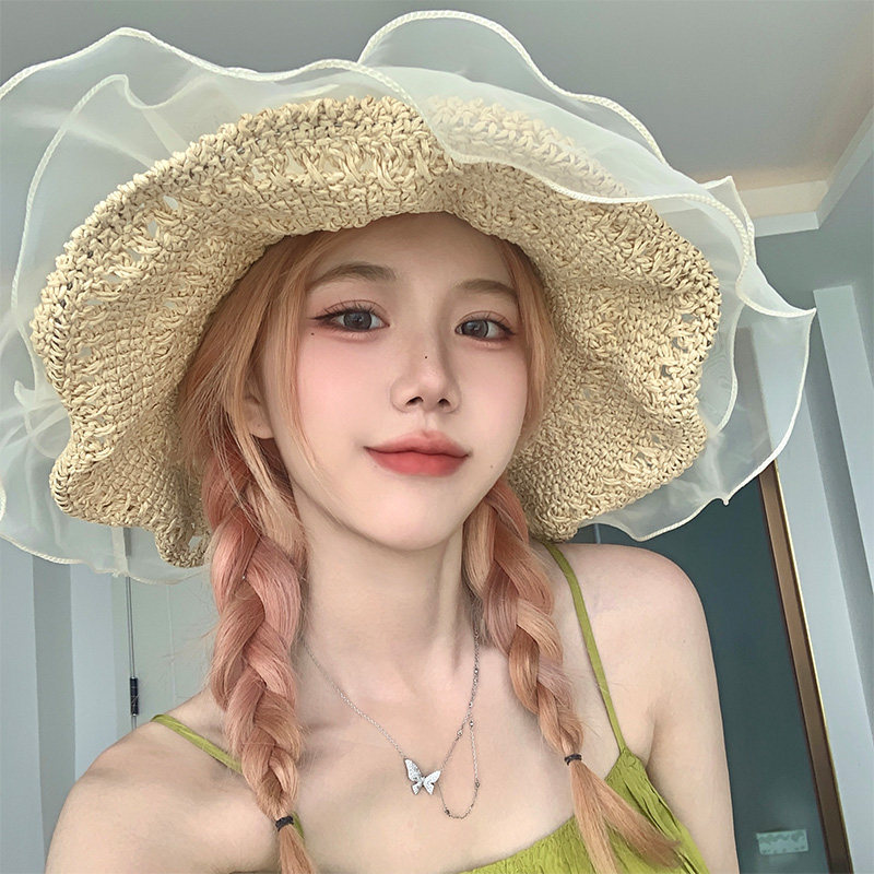 蕾丝草编太阳帽子女大帽檐夏季透气草帽海边遮全脸遮阳防晒帽子潮