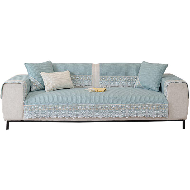 速发小清新蓝色纯棉沙发垫四季通用防滑垫子现代简约盖布蕾丝沙发