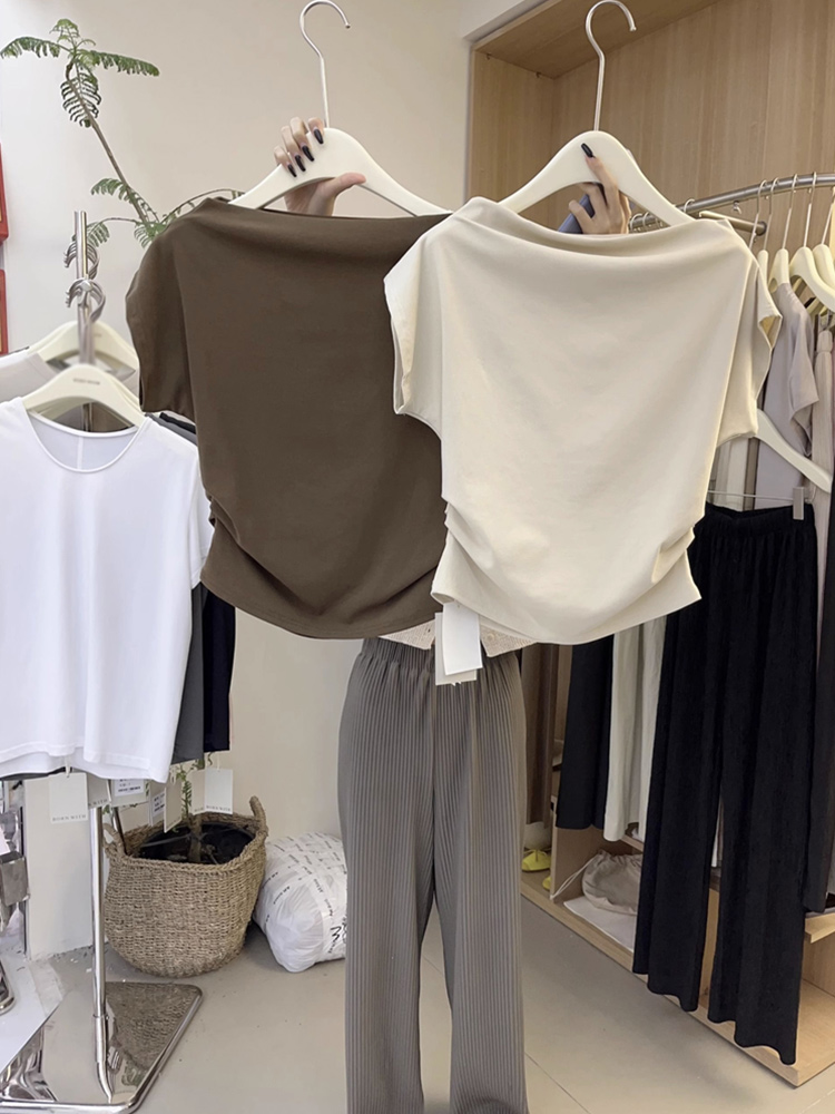 速发十三装夏行新款时高气质尚级感一字领纯色t恤上衣