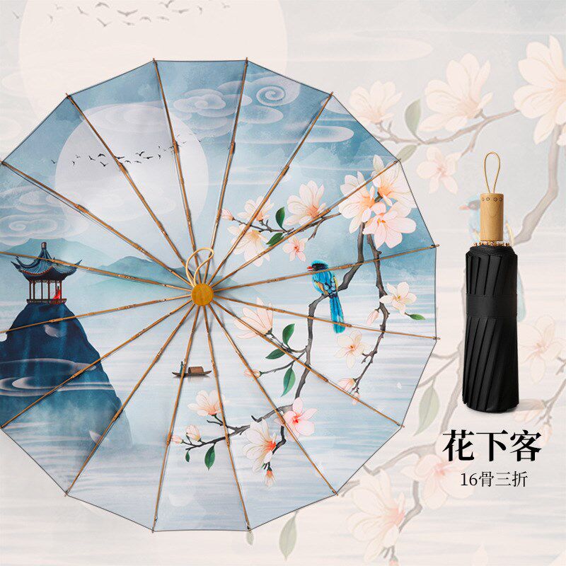 速发16骨太黑伞复古风折叠防晒防紫外线晴雨简用伞两约遮胶新品