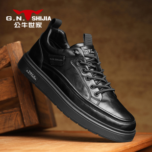 一脚蹬厚底百搭板鞋 公牛世家男鞋 男士 黑色英伦商务休闲皮鞋 男 春季