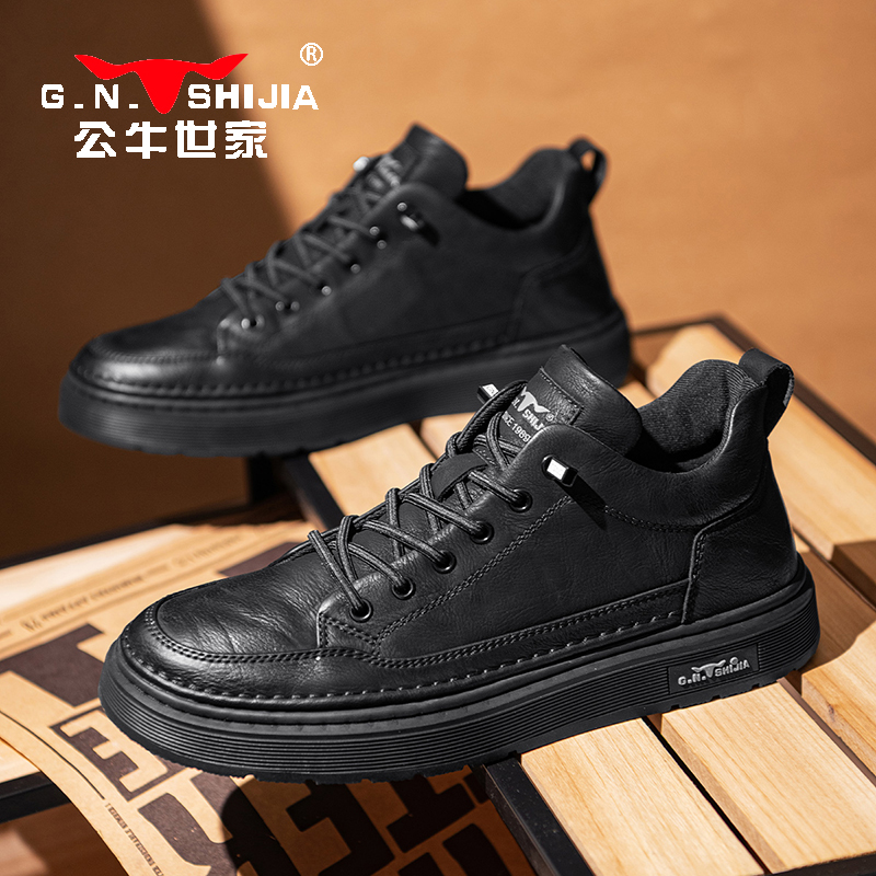 公牛世家男鞋秋季真皮一脚蹬板鞋男款英伦复古百搭男士休闲小皮鞋