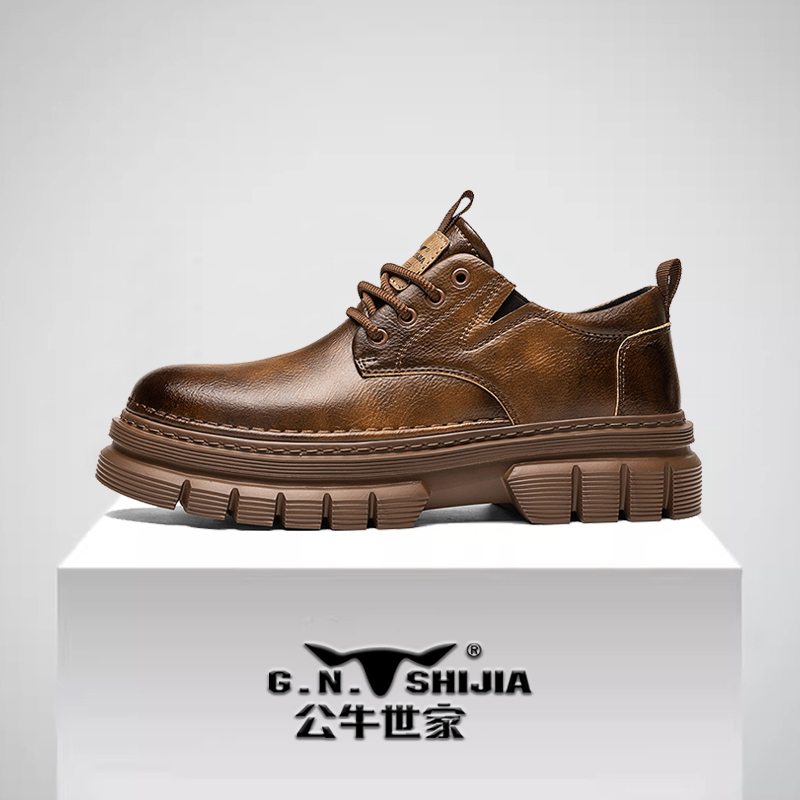 公牛世家男鞋冬季英伦风厚底增高大头休闲皮鞋男士低帮工装马丁靴