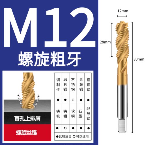 高速钢高品质镀钛螺旋螺尖丝锥/先端丝锥/机用丝攻M3-M12机用丝锥