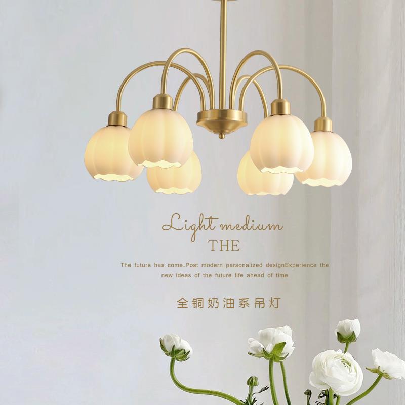 全铜奶油风铃兰卧室吊灯简约法式中古美式客厅玻璃主卧餐厅灯具