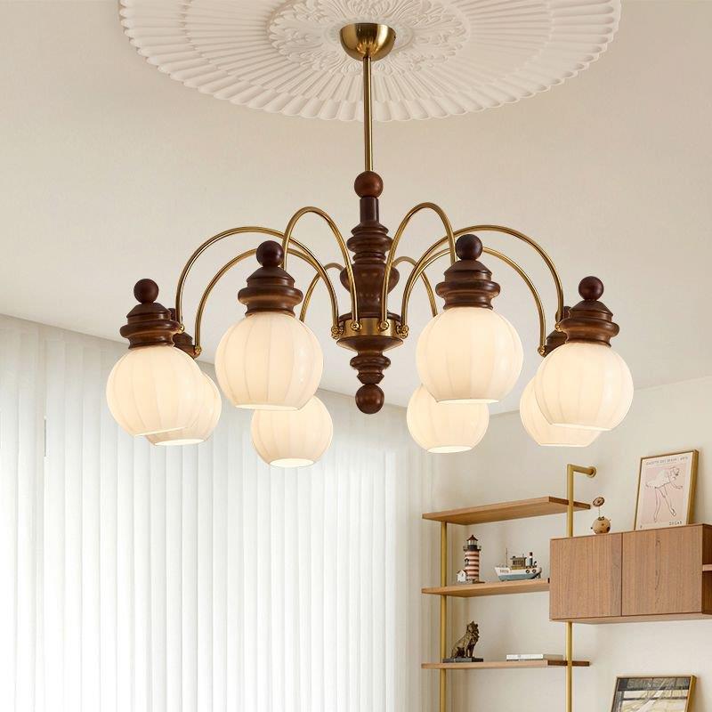法式中古风客厅吊灯复古胡桃木色新款室内卧室餐厅照明灯led