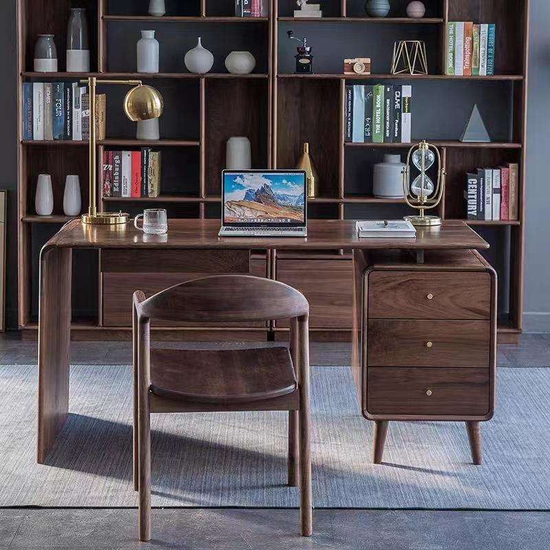 北美黑胡桃木实木书桌新中式电脑写字台一体桌书房客厅樱桃木书柜