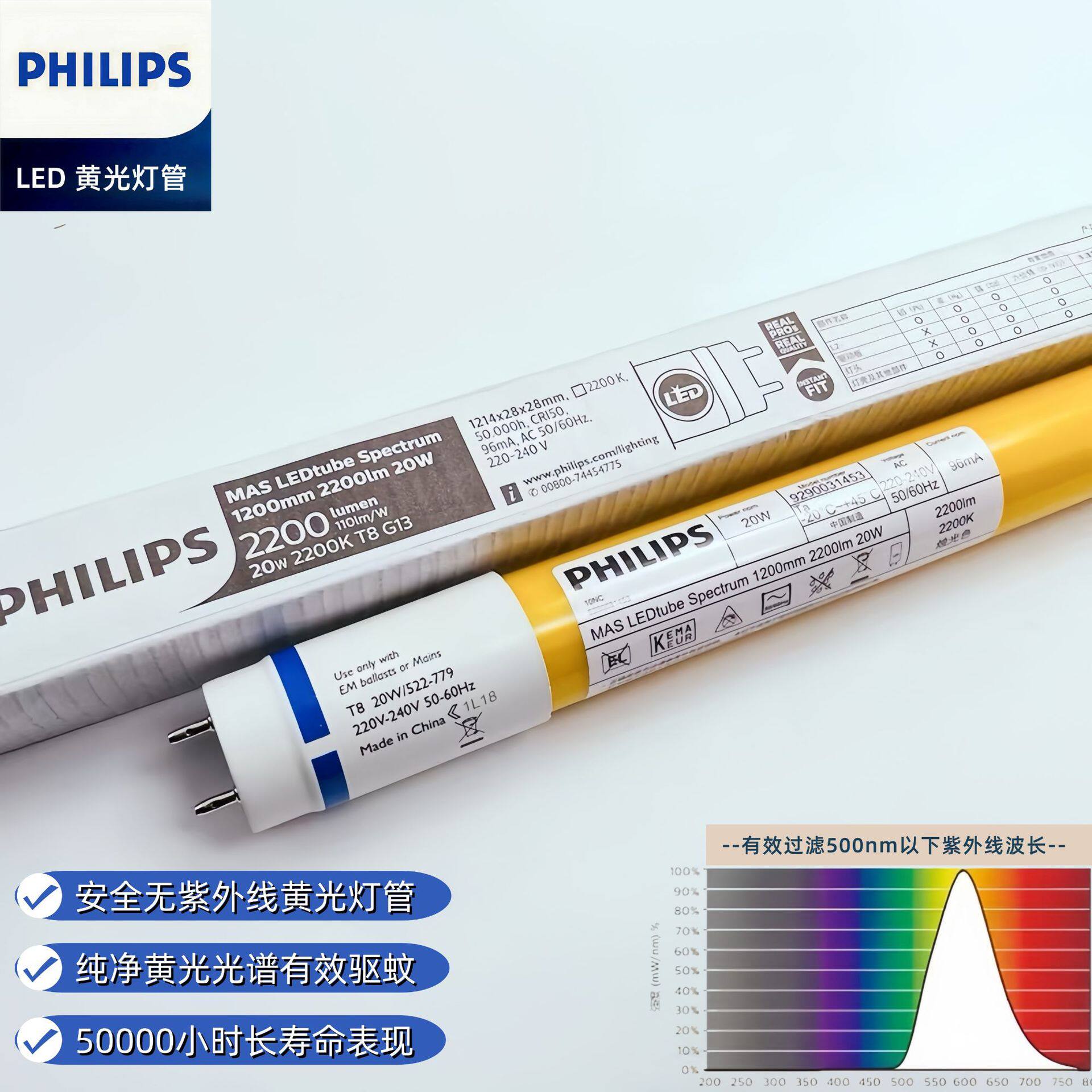 PHILIP LED黄光T8 20W/522无紫外线防UV感光无尘净化室灯管