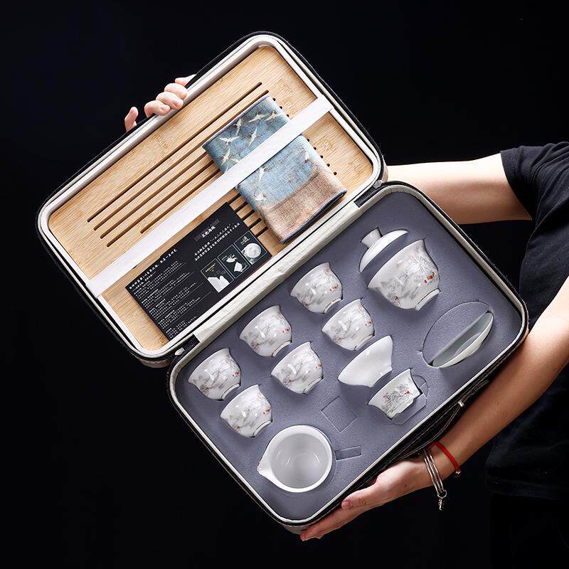 冰种盖碗旅行套装羊脂玉瓷10入带旅行茶盘白瓷简约高档泡茶高档