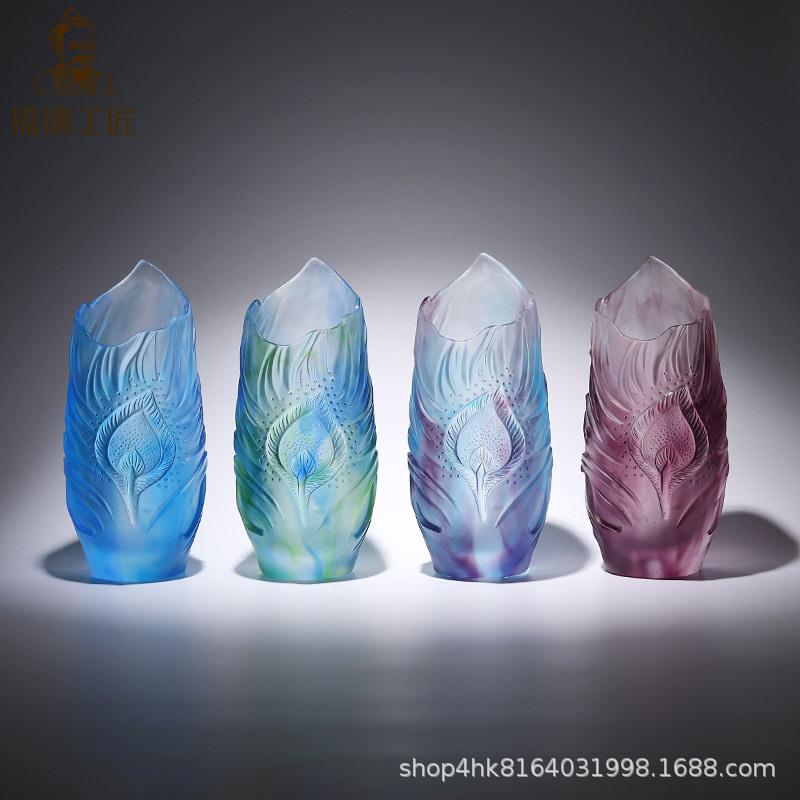 水晶艺术摆件创意酒柜装饰品客厅电视柜摆设品插干花孔雀羽毛花瓶