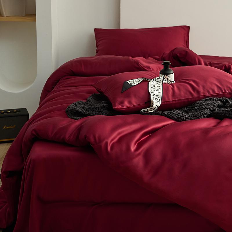 6b76夏季感酒红色100支天丝四件套结婚喜婚庆床上用品冰丝床笠被