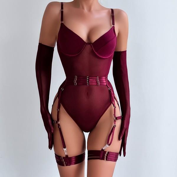 欧美外贸性感夜店纯欲奢华钢管演出服内衣绑带拼接修身塑身连体衣